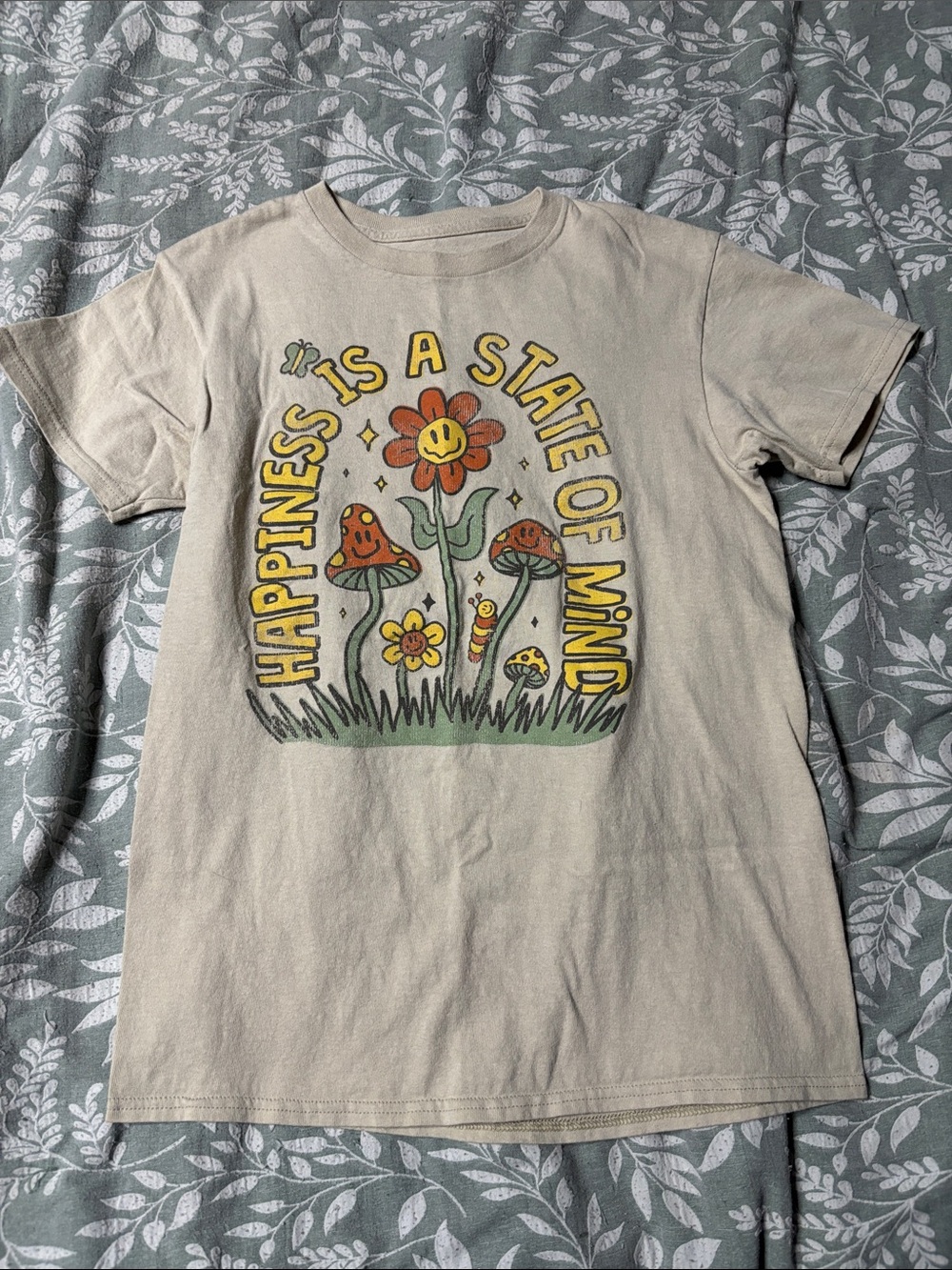 Beige Graphic Tee - Happiness Is A State Of Mind
